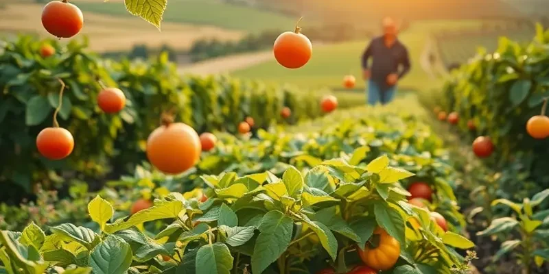 Orchard with healthy vegetables and fruits basking in sunlight.