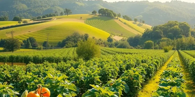 A peaceful landscape with an abundance of organic produce in a natural setting.