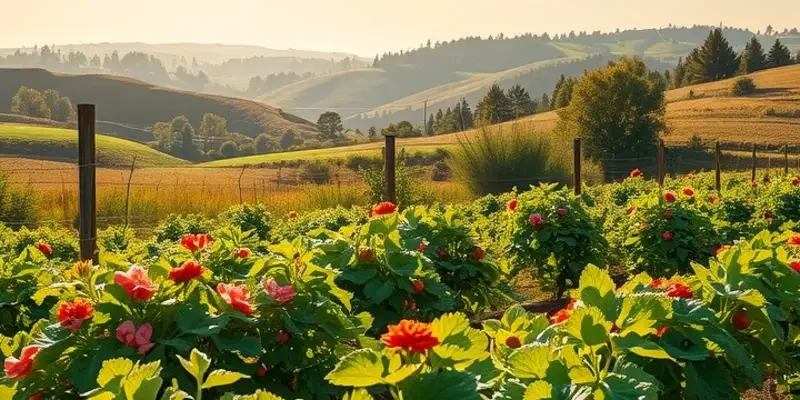 A serene field of vibrant fruits and vegetables in a natural setting.