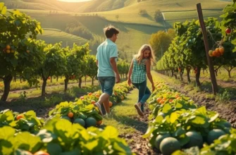 A serene landscape rich with vibrant and healthy organic fruits and vegetables.