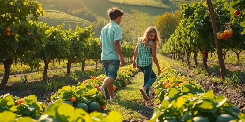 A serene landscape rich with vibrant and healthy organic fruits and vegetables.