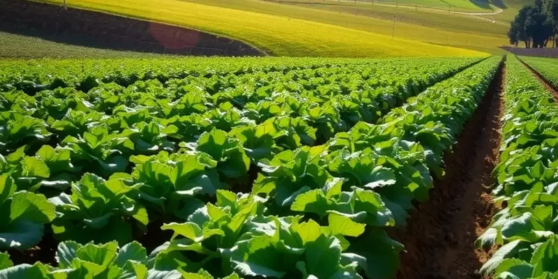 Scenic image of a sunlit field filled with various organic vegetables and fruits, showcasing the bounty of nature.