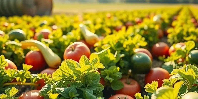 A peaceful and vibrant landscape depicting a sunlit field rich with organic vegetables and fruits, no human figures present.
