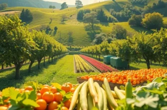 A lush organic field full of fruits and vegetables set in a tranquil, sunlight-filled landscape.
