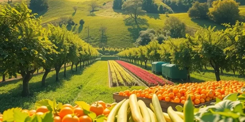 A lush organic field full of fruits and vegetables set in a tranquil, sunlight-filled landscape.