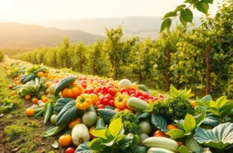 A scenic landscape filled with fresh vegetables and fruits in natural light.