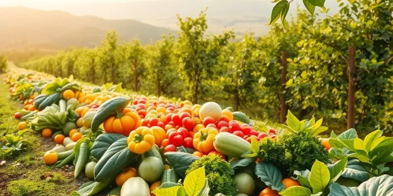 A scenic landscape filled with fresh vegetables and fruits in natural light.
