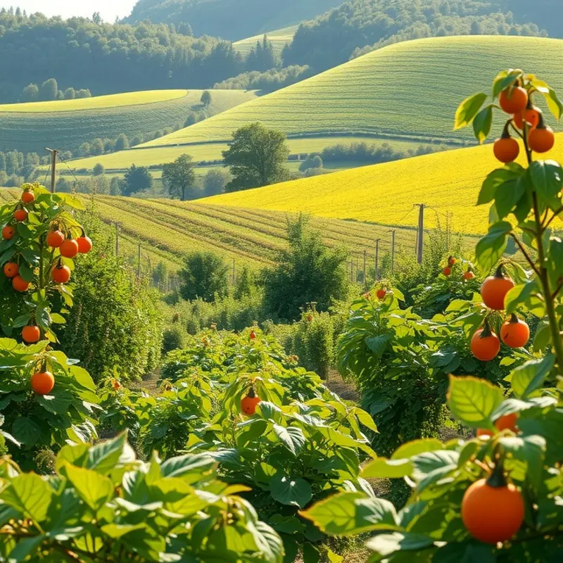A vibrant orchard filled with organic produce bathed in warm sunlight.