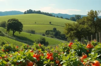A photorealistic representation of a lush, vibrant landscape showcasing organic produce in a beautiful setting.