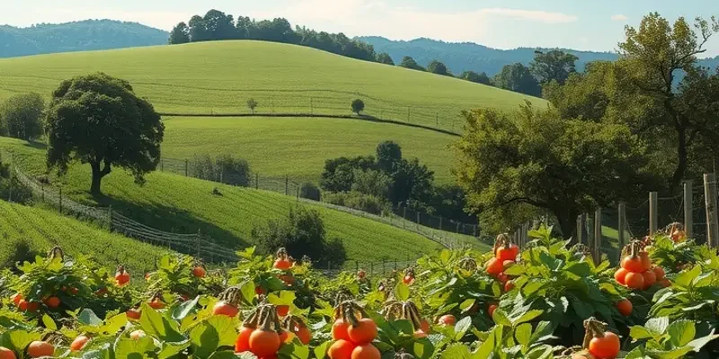 A photorealistic representation of a lush, vibrant landscape showcasing organic produce in a beautiful setting.