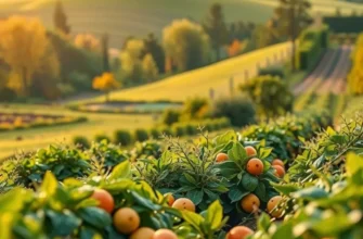A vibrant sunlit landscape showcasing an abundance of organic fruits and vegetables.