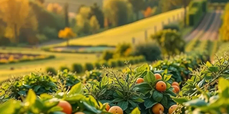 A vibrant sunlit landscape showcasing an abundance of organic fruits and vegetables.