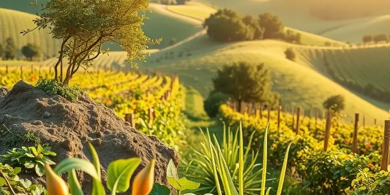 A serene landscape filled with organic produce thriving in a beautiful natural environment.