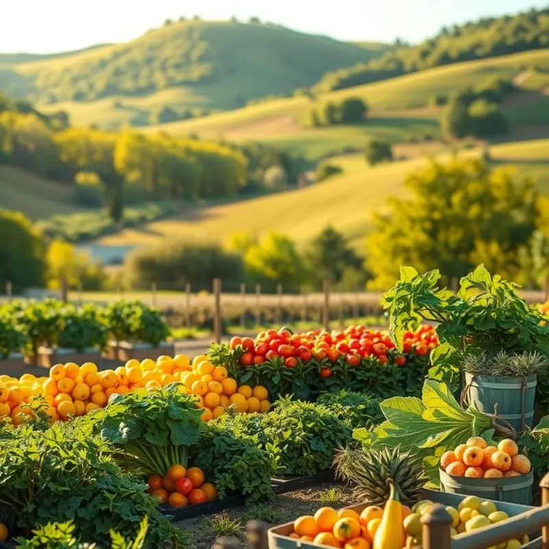 A vibrant sunlit field showcasing the richness of organic vegetables and fruits.