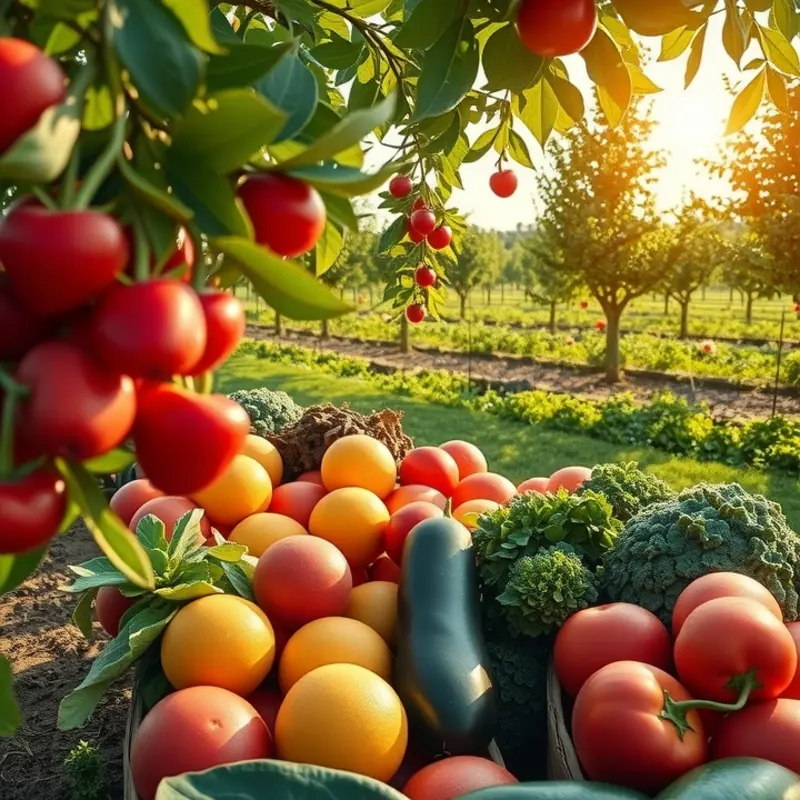 A scenic view of a sunlit orchard filled with vibrant, healthy produce.