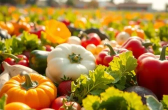 A scenic landscape depicting a sunlit field lush with organic fruits and vegetables.