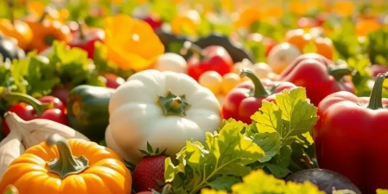 A scenic landscape depicting a sunlit field lush with organic fruits and vegetables.