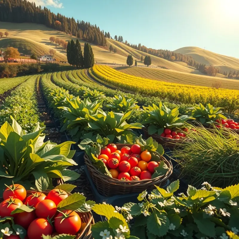 A peaceful orchard filled with vibrant fruits and vegetables, representing the abundance of nature.