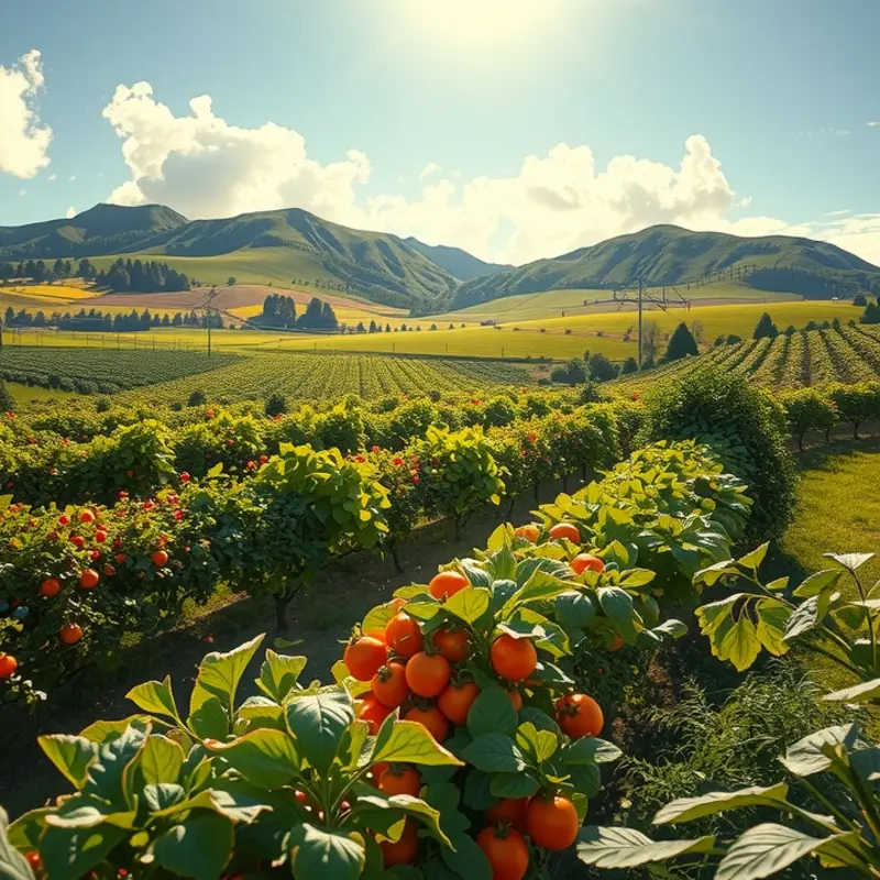 A picturesque orchard under full moonlight, showcasing vibrant produce highlighting harvest time.