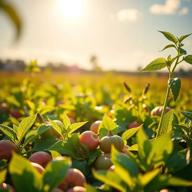 A sunlit field showcasing an abundance of organic fruits and vegetables.