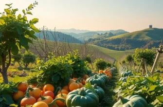 A vibrant landscape featuring an abundant orchard and colorful produce, illustrating the essence of mindful eating through nature.