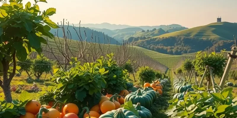 A vibrant landscape featuring an abundant orchard and colorful produce, illustrating the essence of mindful eating through nature.