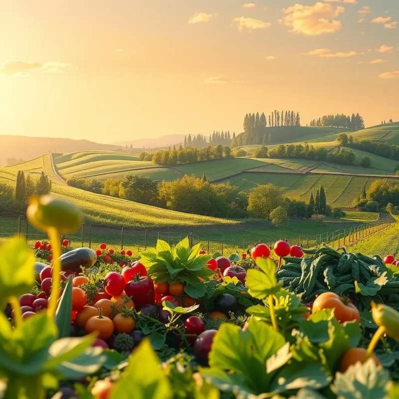 A picturesque view of an orchard blooming with vibrant fruits and lush greenery.