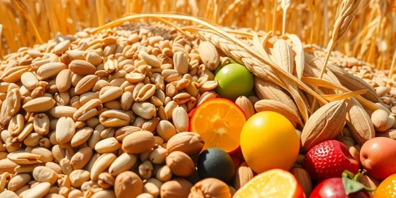 A sunlit field filled with diverse nuts and grains, symbolizing the natural ingredients for nut milks.