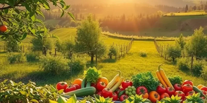 A vibrant field of vegetables and fruits representing healthy nutrition in a natural landscape.