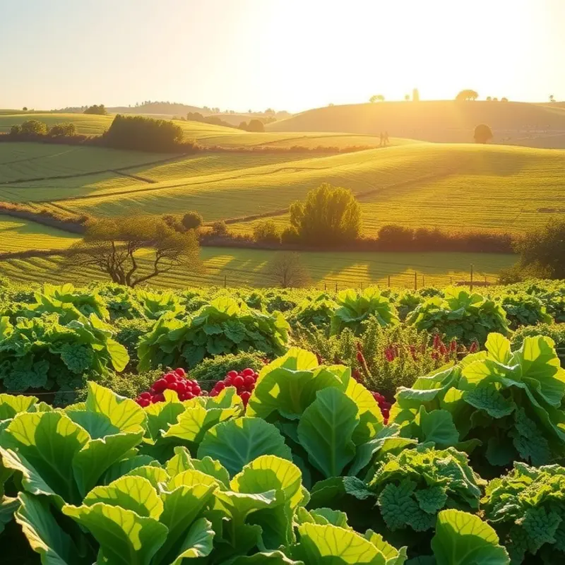 A sunlit landscape showcasing vibrant vegetables and fruits.