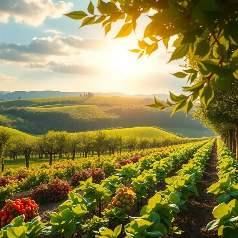 A serene landscape showcasing the abundance of nature and healthy produce.
