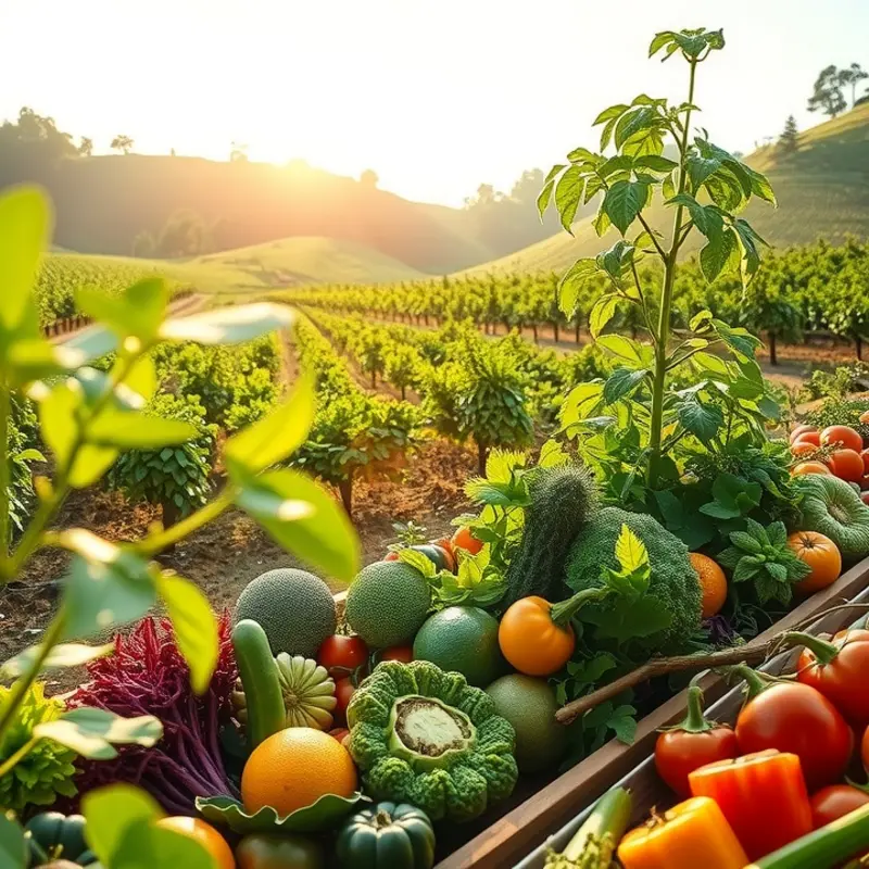 A serene landscape showcasing vibrant fruits and vegetables thriving in nature.