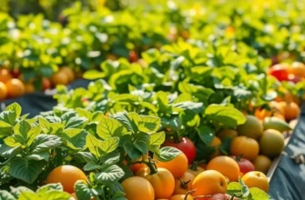 A scenic landscape featuring a variety of fruits and vegetables in a vibrant, natural setting.