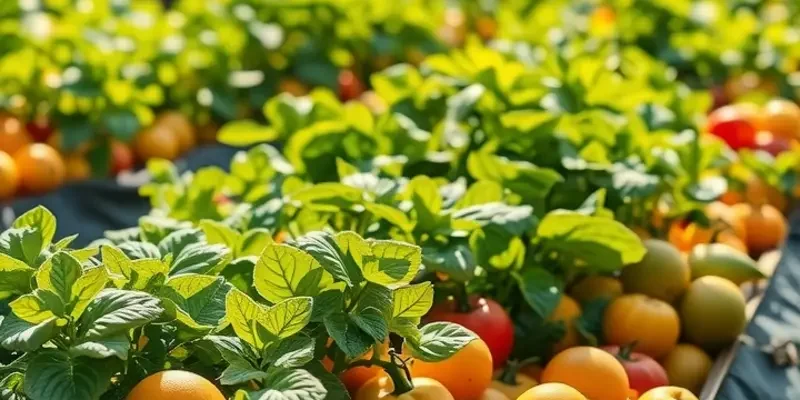 A scenic landscape featuring a variety of fruits and vegetables in a vibrant, natural setting.