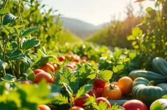 A beautifully illuminated field with healthy vegetables and fruits growing in a lush setting.