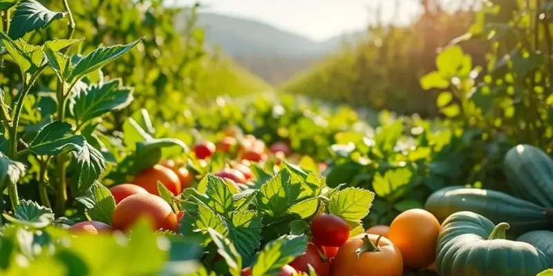 A beautifully illuminated field with healthy vegetables and fruits growing in a lush setting.