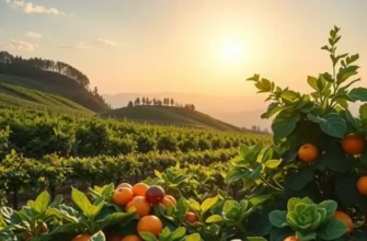A picturesque landscape depicting healthy fruits and vegetables growing in a sunlit field.