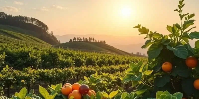 A picturesque landscape depicting healthy fruits and vegetables growing in a sunlit field.