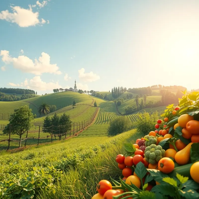 A sunlit organic farm showcasing a variety of vibrant produce under natural conditions.