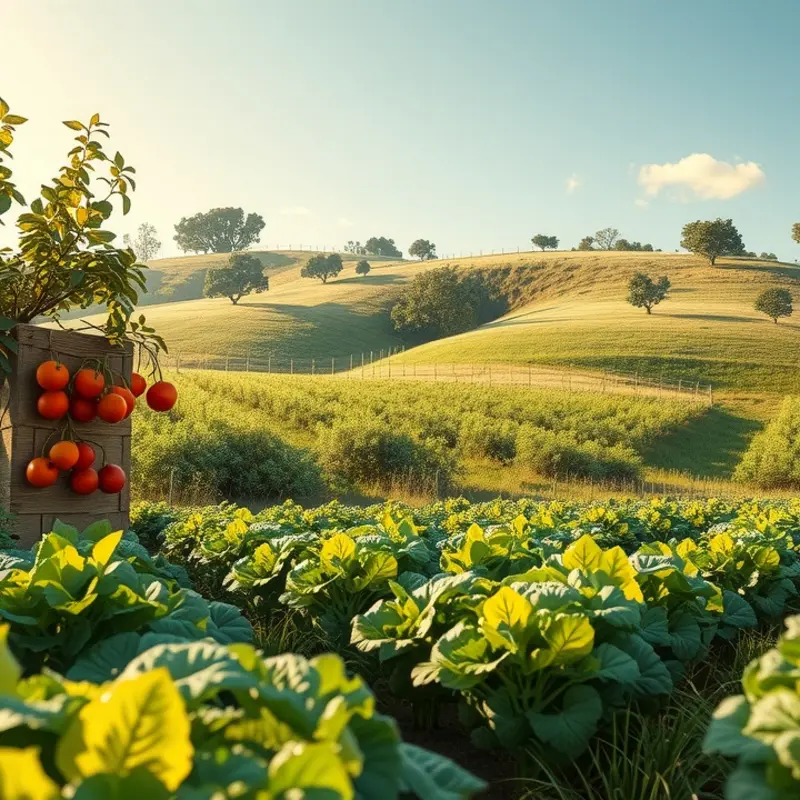 A scenic view of lush greenery with vibrant vegetables in a sunlit field.