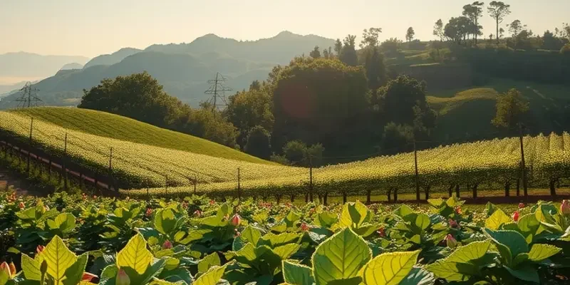 A vibrant sunny landscape with various healthy organic produce.