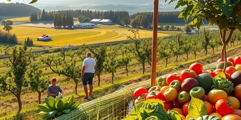 A scenic view of lush fields filled with healthy vegetables and olive trees, celebrating nature's bounty.