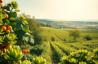 A photorealistic landscape showcasing vibrant fruits and vegetables in a natural setting.