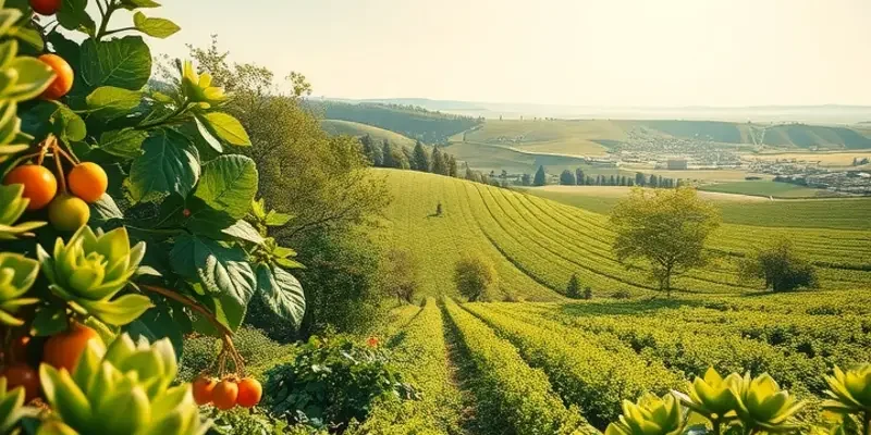 A photorealistic landscape showcasing vibrant fruits and vegetables in a natural setting.