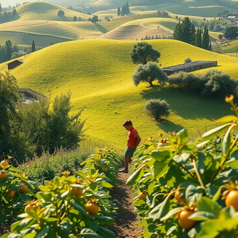 A vibrant sunlit field showcasing fresh vegetables and fruits.