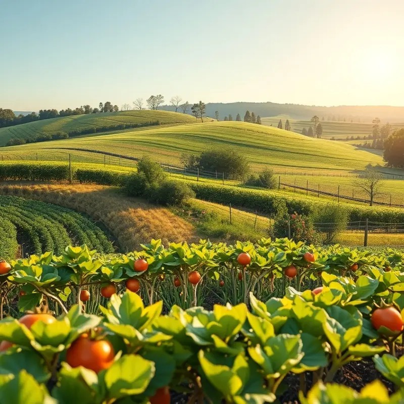 A sunlit field bursting with vibrant vegetables and fruits, symbolizing the freshness of pickling ingredients.
