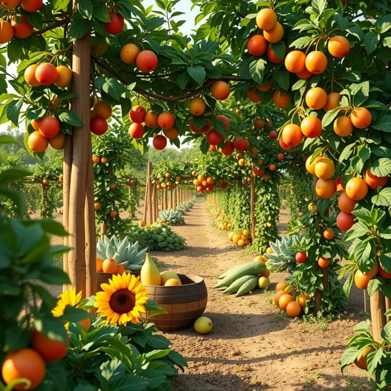 A sunlit field showcasing vibrant vegetables and fruits.