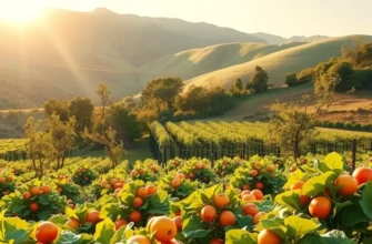 A scenic orchard showcasing a variety of fresh, organic vegetables and fruits.