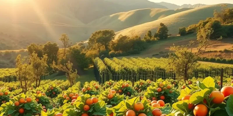 A scenic orchard showcasing a variety of fresh, organic vegetables and fruits.