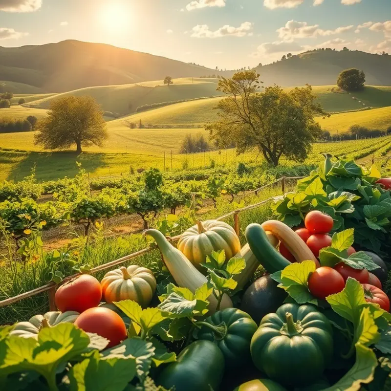 A vibrant sunlit field showcasing a variety of vegetables and fruits.